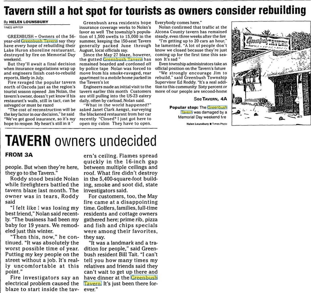 Greenbush Tavern - June 2006 Article On Fire